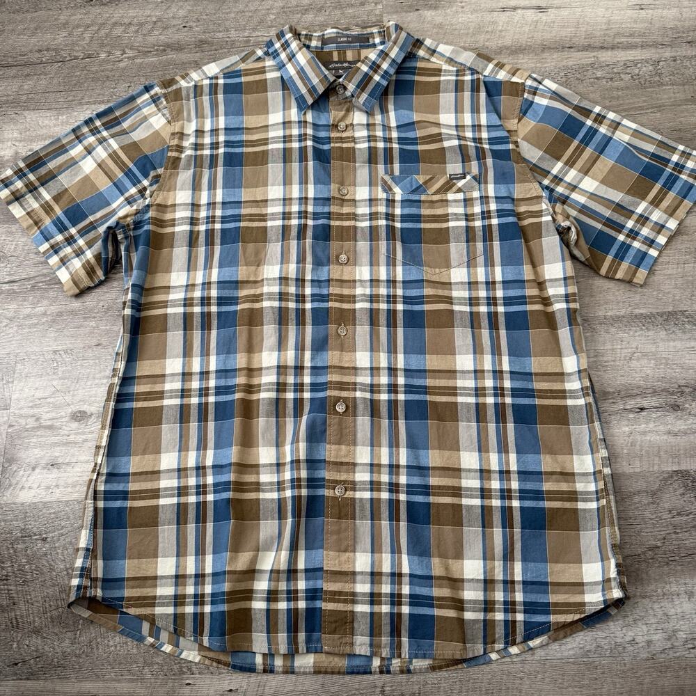 Eddie Bauer Indian Madras Shirt Mens Large Blue Brown Plaid Button Up Classic